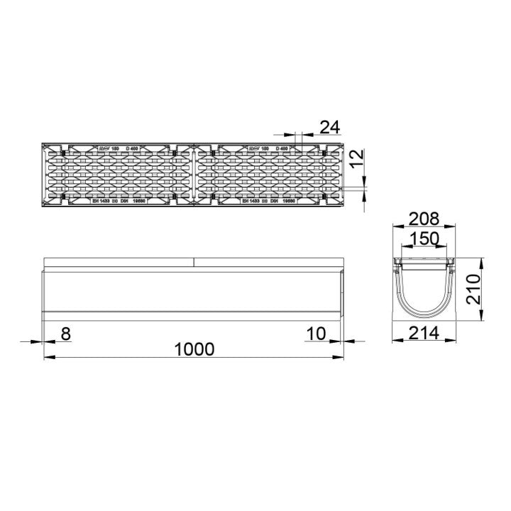 Roostergoot-Maxi-150-Langstaafrooster-D400KN-L=1m-H=210mm-Tekening-DWTN