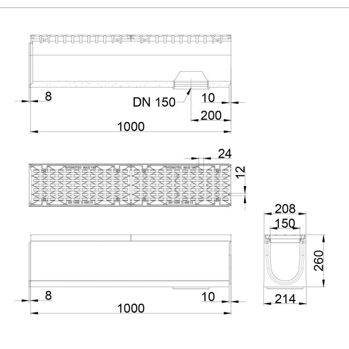 Roostergoot-Maxi-150-Langstaafrooster-D400KN-L=1m-H=260mm-Onderafvoer-Tekening-DWTN