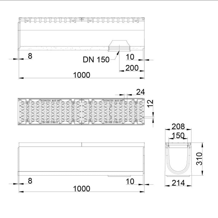Roostergoot-Maxi-150-Langstaafrooster-D400KN-L=1m-H=310mm-Onderafvoer-Tekening-DWTN