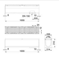 Roostergoot-Maxi-150-Langstaafrooster-D400KN-L=1m-H=310mm-Onderafvoer-Tekening-DWTN