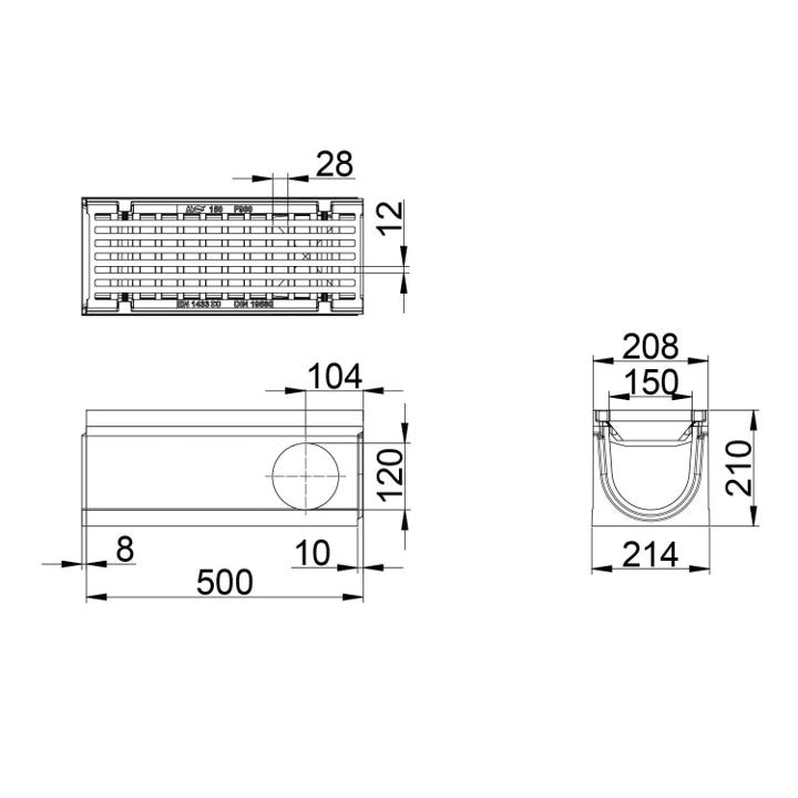 Roostergoot-Maxi-150-Langstaafrooster-F900KN-L=0,5m-H=210mm-Hoekstuk-Tstuk-Tekening-DWTN