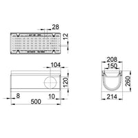 Roostergoot-Maxi-150-Langstaafrooster-F900KN-L=0,5m-H=260mm-Hoekstuk-Tstuk-Tekening-DWTN