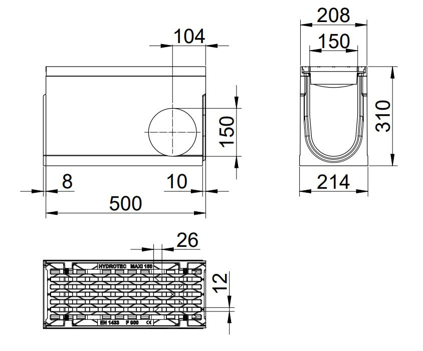 Roostergoot-Maxi-150-Langstaafrooster-F900KN-L=0,5m-H=310mm-Hoekstuk-Tstuk-Tekening-DWTN
