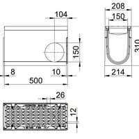 Roostergoot-Maxi-150-Langstaafrooster-F900KN-L=0,5m-H=310mm-Hoekstuk-Tstuk-Tekening-DWTN