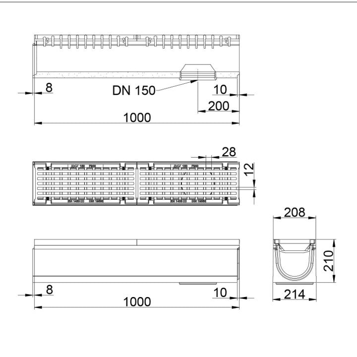 Roostergoot-Maxi-150-Langstaafrooster-F900KN-L=1m-H=210mm-Onderafvoer-Tekening-DWTN