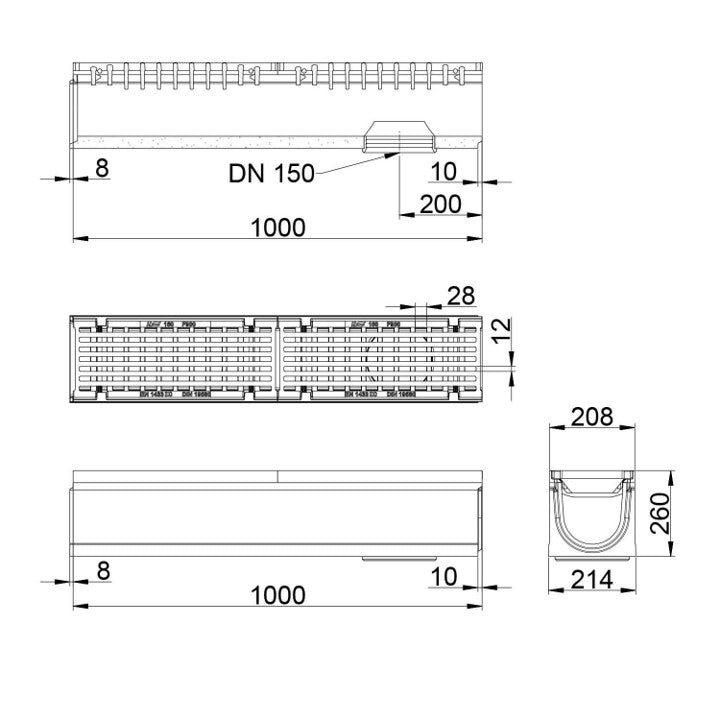 Roostergoot-Maxi-150-Langstaafrooster-F900KN-L=1m-H=260mm-Onderafvoer-Tekening-DWTN