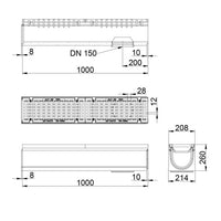 Roostergoot-Maxi-150-Langstaafrooster-F900KN-L=1m-H=260mm-Onderafvoer-Tekening-DWTN