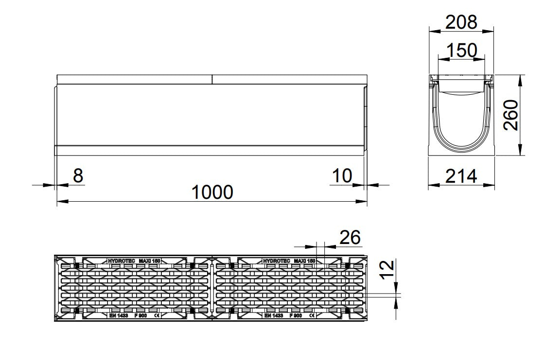 Roostergoot-Maxi-150-Langstaafrooster-F900KN-L=1m-H=260mm-Tekening-DWTN
