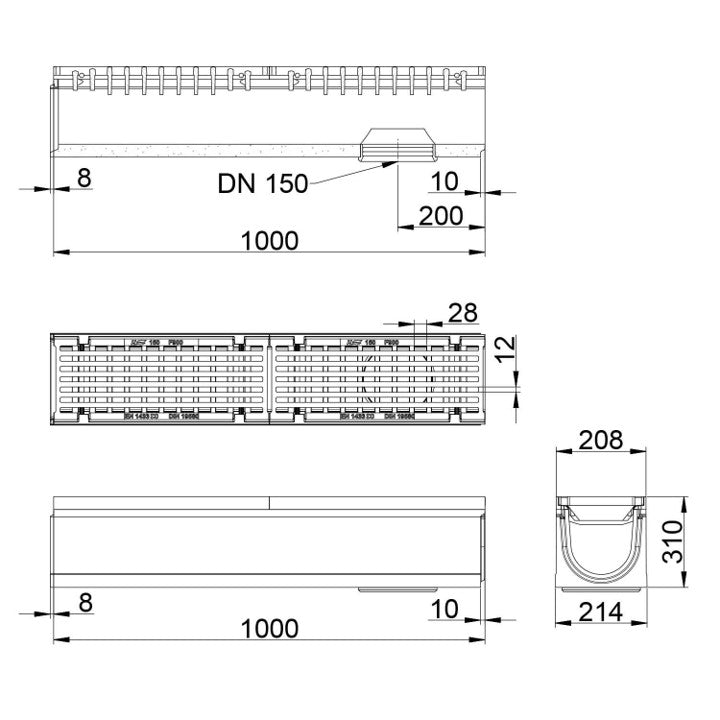Roostergoot-Maxi-150-Langstaafrooster-F900KN-L=1m-H=310mm-Onderafvoer-Tekening-DWTN
