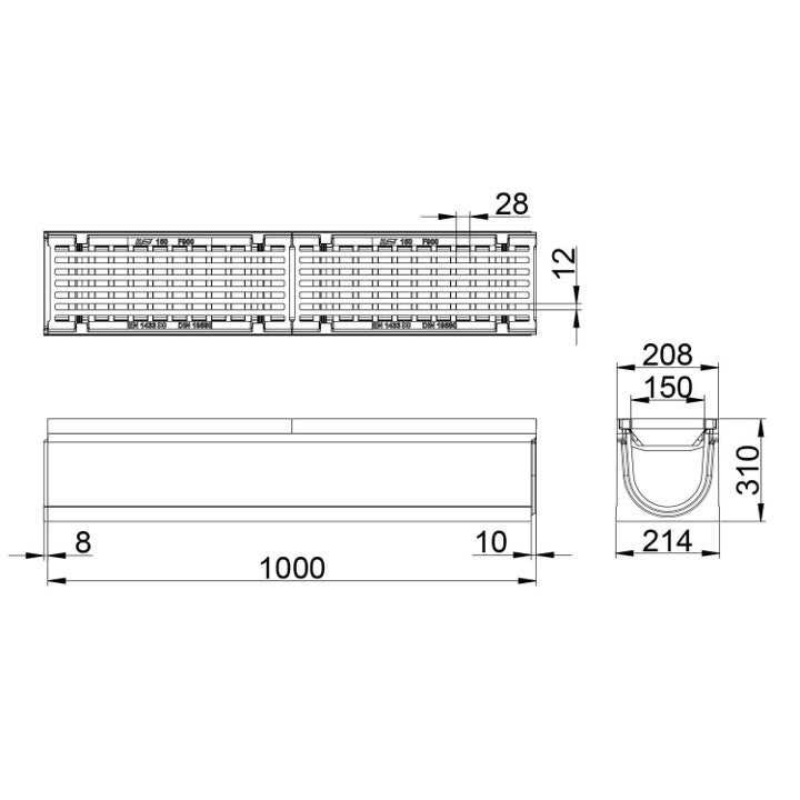 Roostergoot-Maxi-150-Langstaafrooster-F900KN-L=1m-H=310mm-Tekening-DWTN