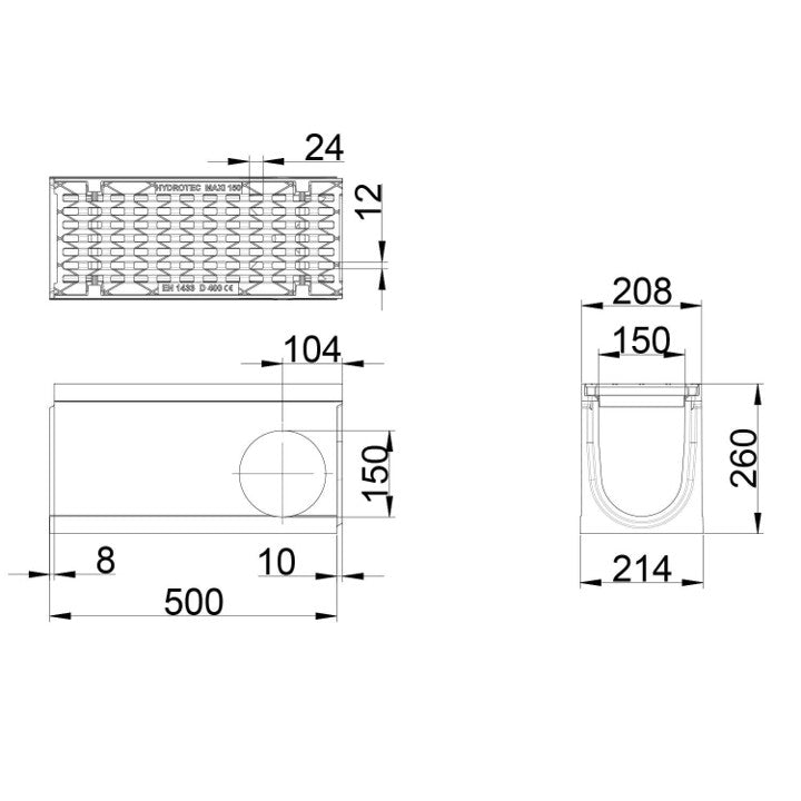 Roostergoot-Maxi-150-Maasrooster-A15KN-L=0,5m-H=260mm-Hoekstuk-Tstuk-Tekening-DWTN