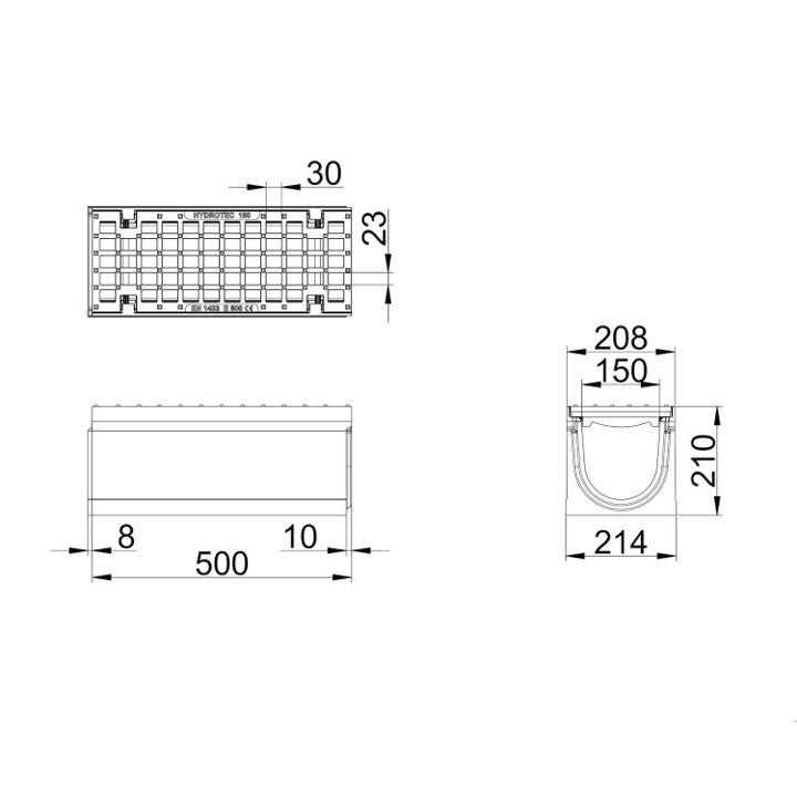 Roostergoot-Maxi-150-Maasrooster-E600KN-L=0,5m-H=210mm-Tekening-DWTN