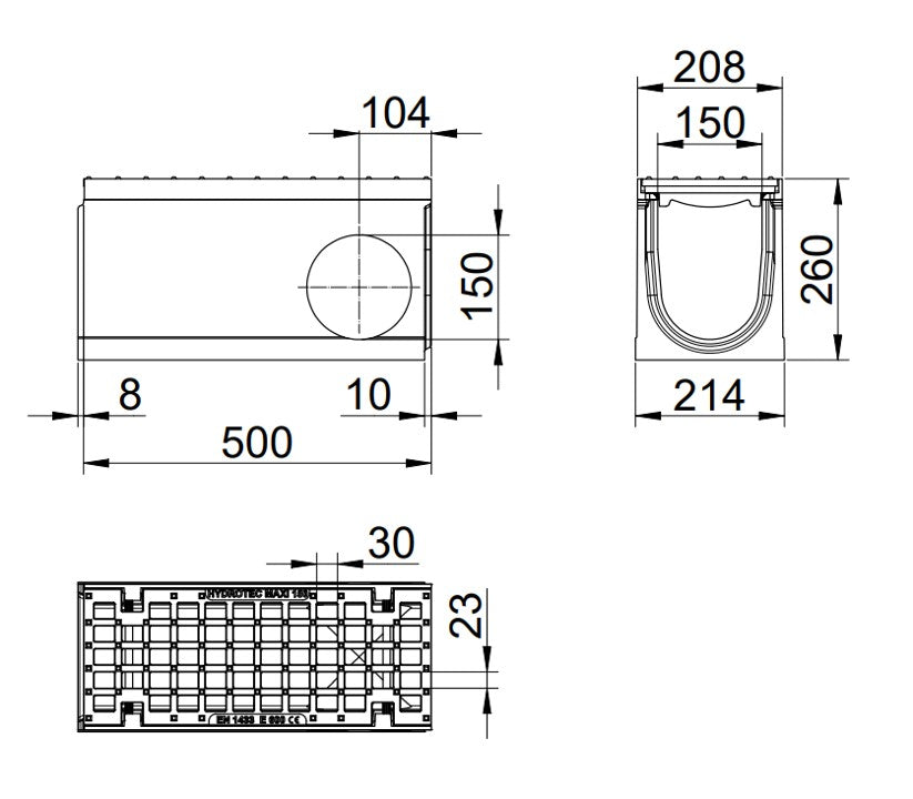 Roostergoot-Maxi-150-Maasrooster-E600KN-L=0,5m-H=260mm-Hoekstuk-Tstuk-Tekening-DWTN