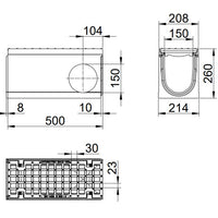 Roostergoot-Maxi-150-Maasrooster-E600KN-L=0,5m-H=260mm-Hoekstuk-Tstuk-Tekening-DWTN