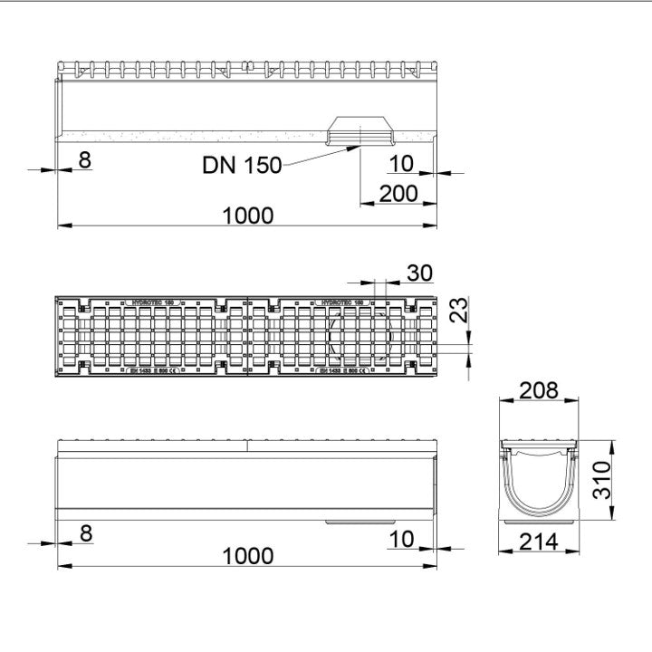 Roostergoot-Maxi-150-Maasrooster-E600KN-L=1m-H=310mm-Onderafvoer-Tekening-DWTN