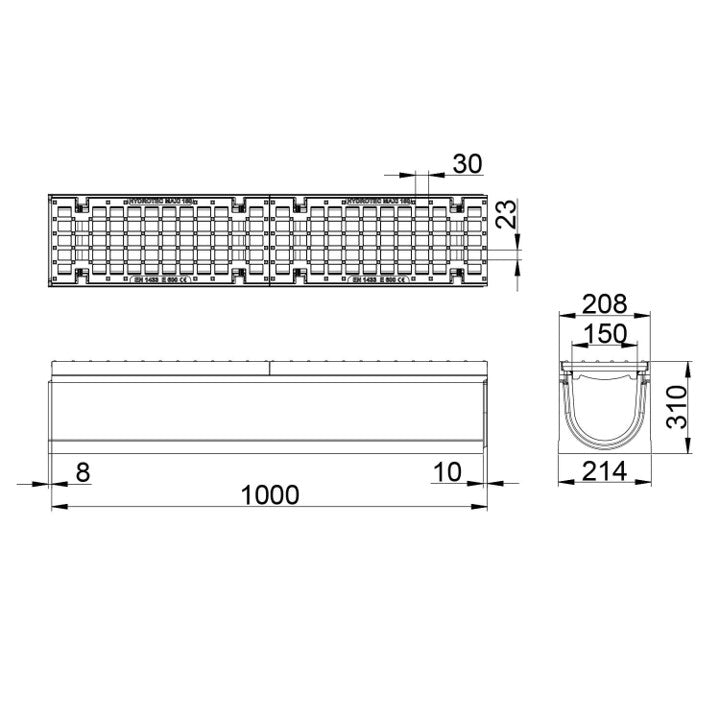 Roostergoot-Maxi-150-Maasrooster-E600KN-L=1m-H=310mm-Tekening-DWTN