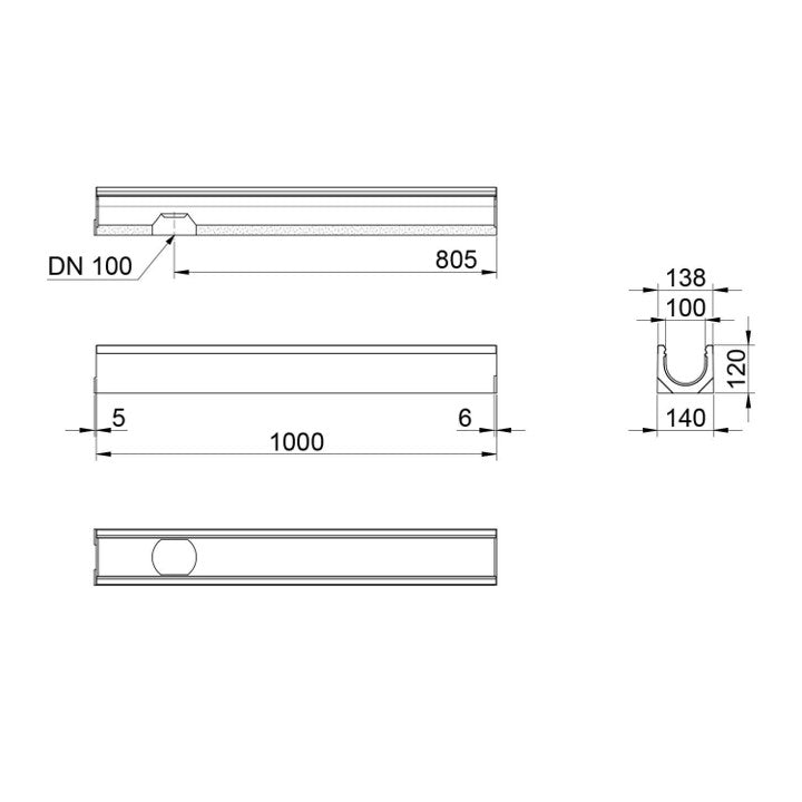 Roostergoot-Mini-100-L=1m-H=120mm-Onderafvoer-C250KN-Tekening-DWTN
