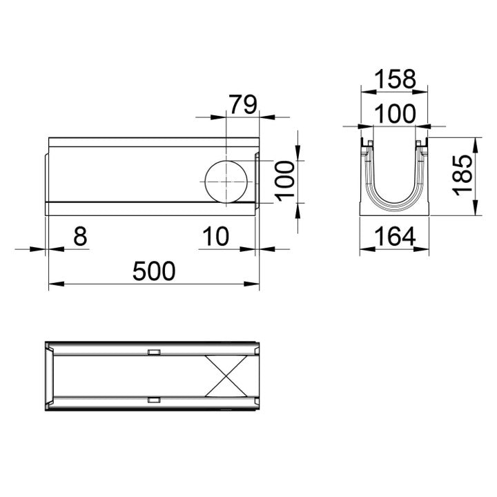 Roostergoot-Top-100-C250KN-L=0,5m-H=185mm-Hoekstuk-Tstuk-Tekening-DWTN