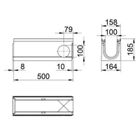 Roostergoot-Top-100-C250KN-L=0,5m-H=185mm-Hoekstuk-Tstuk-Tekening-DWTN