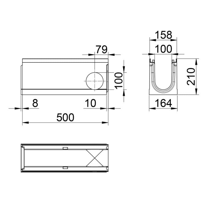 Roostergoot-Top-100-C250KN-L=0,5m-H=210mm-Hoekstuk-Tstuk-Tekening-DWTN