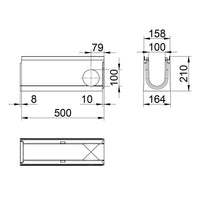 Roostergoot-Top-100-C250KN-L=0,5m-H=210mm-Hoekstuk-Tstuk-Tekening-DWTN