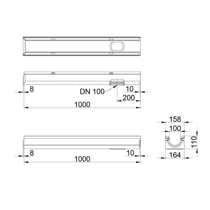 Roostergoot-Top-100-C250KN-L=1m-H=110mm-Onderafvoer-Tekening-DWTN