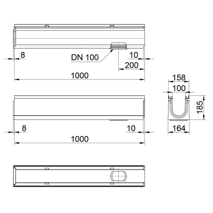 Roostergoot-Top-100-C250KN-L=1m-H=185mm-Onderafvoer-Tekening-DWTN
