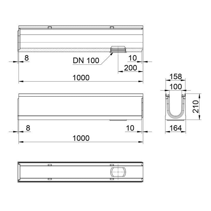 Roostergoot-Top-100-C250KN-L=1m-H=210mm-Onderafvoer-Tekening-DWTN