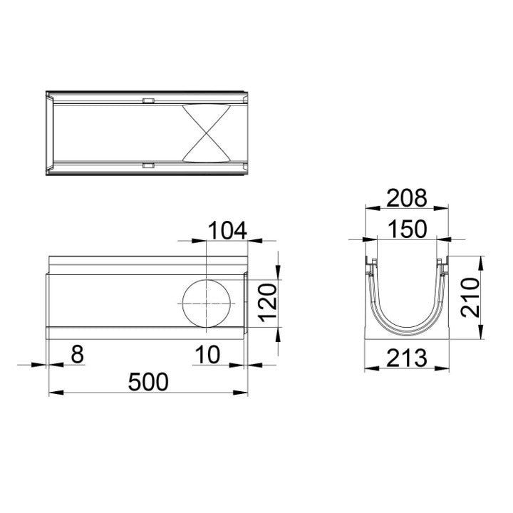 Roostergoot-Top-150-C250KN-L=0,5m-H=210mm-Hoekstuk-Tstuk-Tekening-DWTN