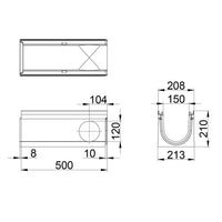 Roostergoot-Top-150-C250KN-L=0,5m-H=210mm-Hoekstuk-Tstuk-Tekening-DWTN