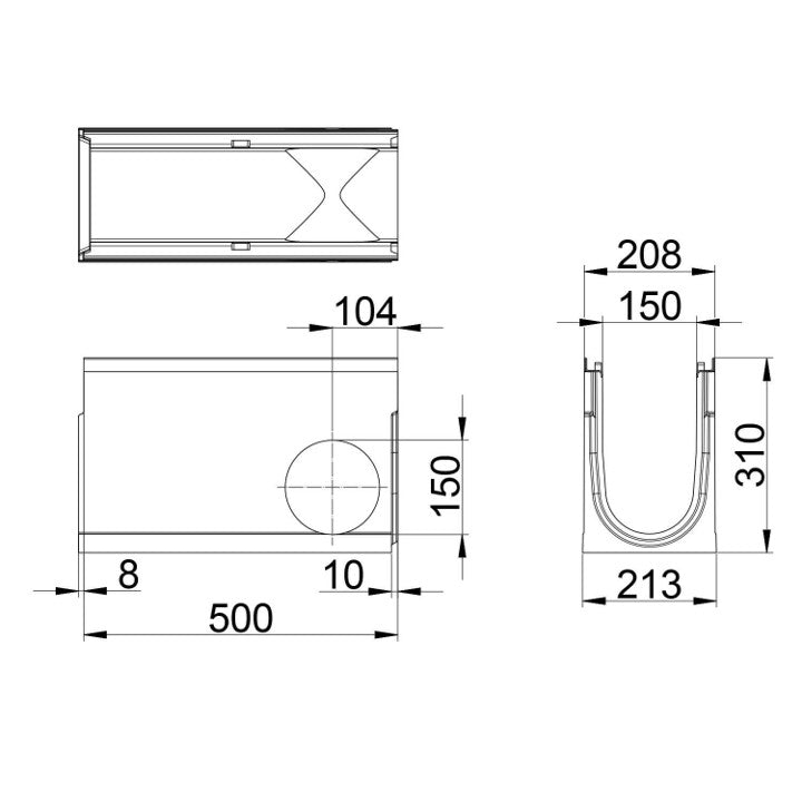 Roostergoot-Top-150-C250KN-L=0,5m-H=310mm-Hoekstuk-Tstuk-Tekening-DWTN