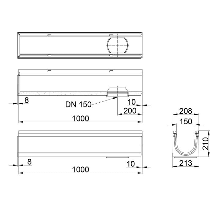 Roostergoot-Top-150-C250KN-L=1m-H=210mm-Onderafvoer-Tekening-DWTN
