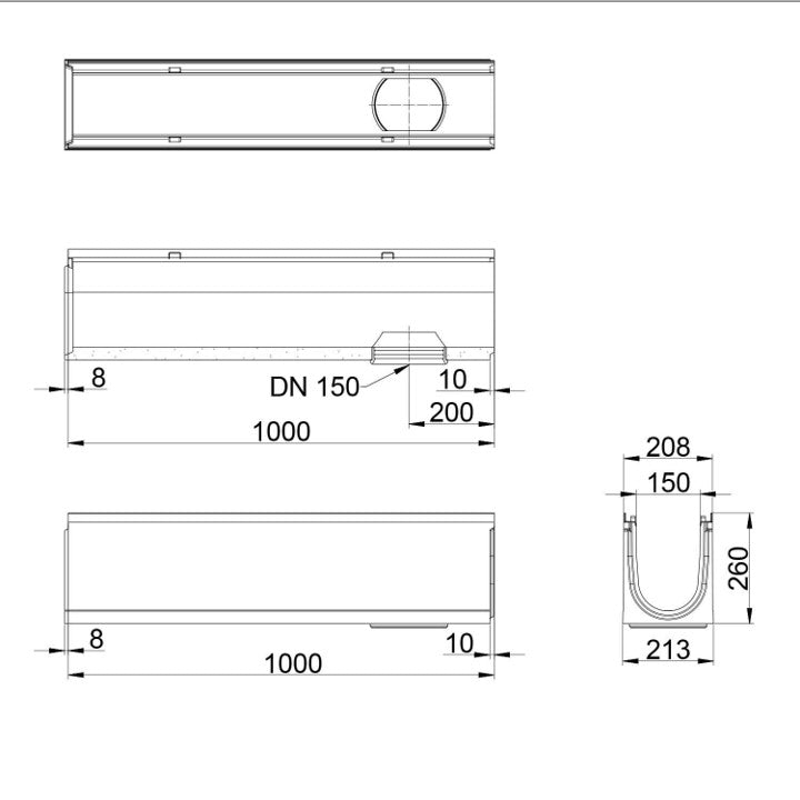 Roostergoot-Top-150-C250KN-L=1m-H=260mm-Onderafvoer-Tekening-DWTN