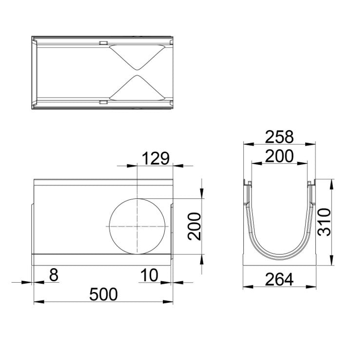 Roostergoot-Top-200-C250KN-L=0,5m-H=310mm-Hoekstuk-Tstuk-Tekening-DWTN