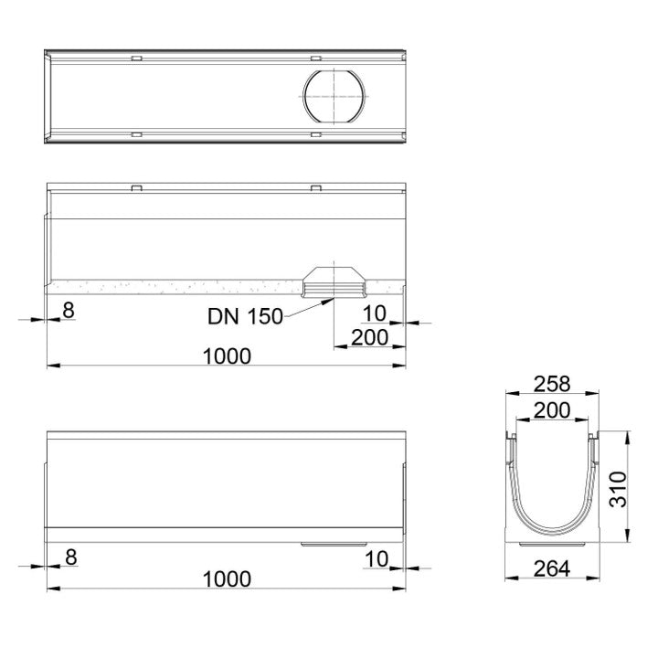 Roostergoot-Top-200-C250KN-L=1m-H=310mm-Onderafvoer-Tekening-DWTN
