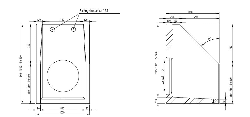 Uitstroombak-Uitstroomelement-Grachtelement-Beton-Type 1, 100x100. Tekening-DWTN