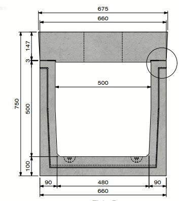 Betonnen kabelgoot Delta T 5050. D400KN. L=2m. Opliggend deksel