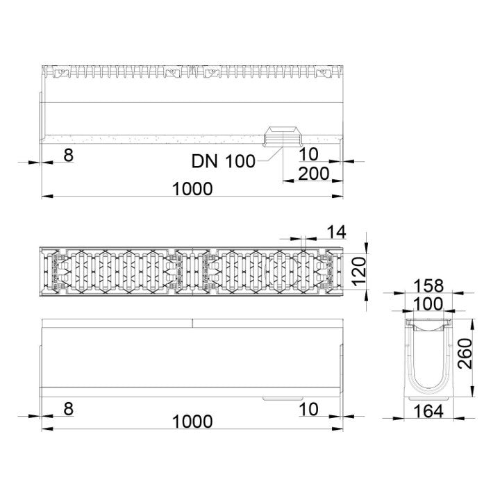 Grate gutter Maxi 100. L=1m. Slot grille. H=260mm, bottom drain 110mm. C250KN