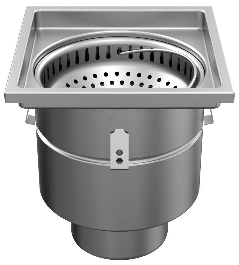 Stainless steel one-piece drain W400. Perforated grille. L/15KN. Under drain 200mm