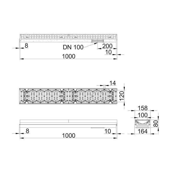 Grate gutter 100mm wide. Maxi 100. L=1m. Slot grille. C250KN