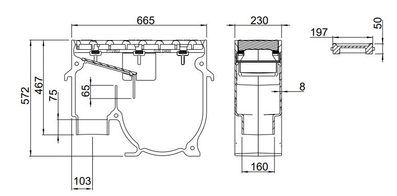 Cast iron street gully 2357TP1. PVC bottom outlet 160. lxwxh=665x230x572mm