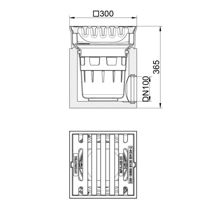 Tile path chamber 300x300mm. 1 piece. B125KN. Right. Drain 110mm