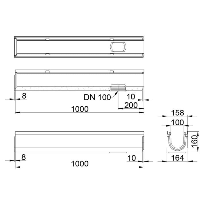 Top 100 Gutter. L=1m. H=160mm, bottom outlet 110mm. C250KN