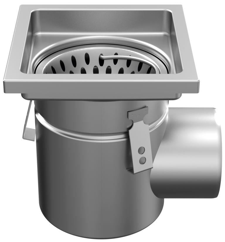 Stainless steel one-piece drain W200. Mesh grid. L/15KN. Side discharge 75mm