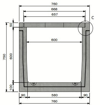Betonnen kabelgoot Delta-T 6060. Klasse A, 15KN. Inliggend deksel. L=1m