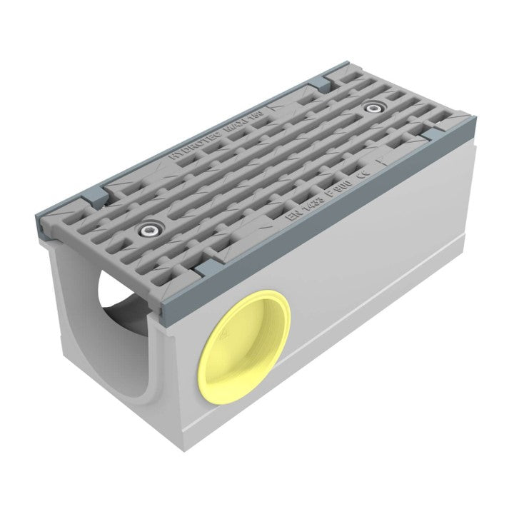 Maxi F1 150 Gutter. L=0.5m. Long-rod grating. H=210mm. Corner and T-piece. F900KN