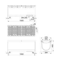 Gitterrinne 300 mm breit. Maxi Pro 300. L=1m. Langer Stabrost. F900KN. Unter dem Abfluss 200 mm