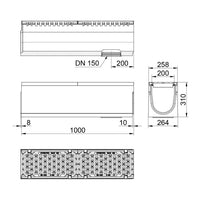 Grate gutter Maxipur 200. L=1m. Long bar grate. Under drain 160mm. D400KN