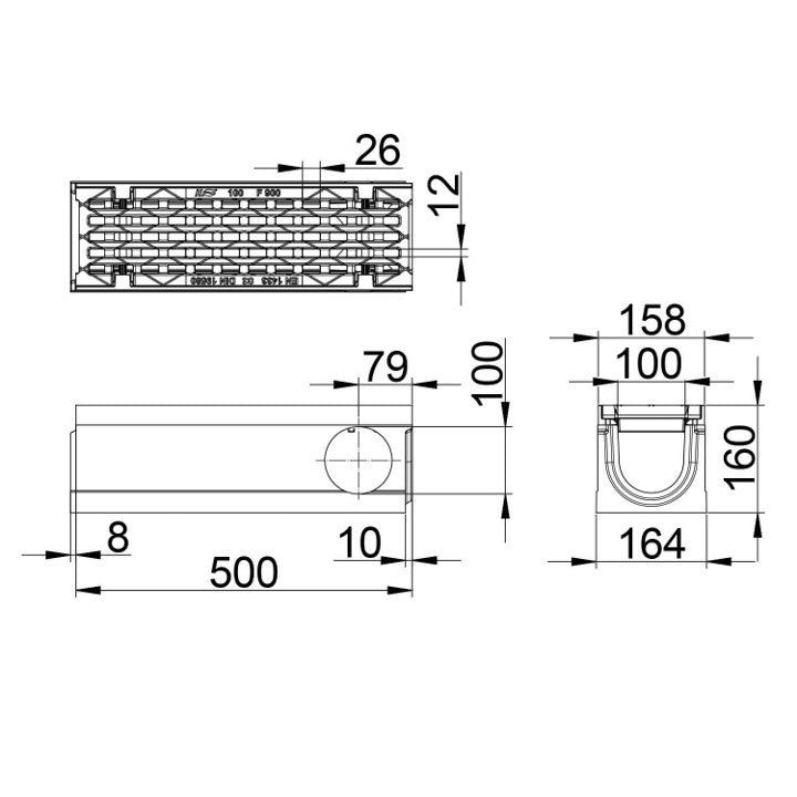Roostergoot Maxi 100. L=0,5m. Langstaafrooster. H=160mm. Hoek- en T-stuk. F900KN