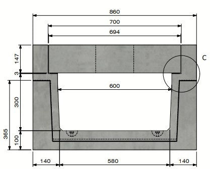 Betonnen kabelgoot Delta-T 6030. Klasse D, 400KN. Inliggend deksel. L=2m